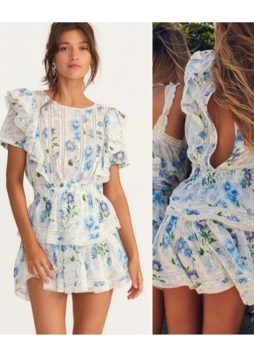 LoveShackFancy Natasha Floral Ruffle Tiered Mini Dress  in Blueberry Cloud XS